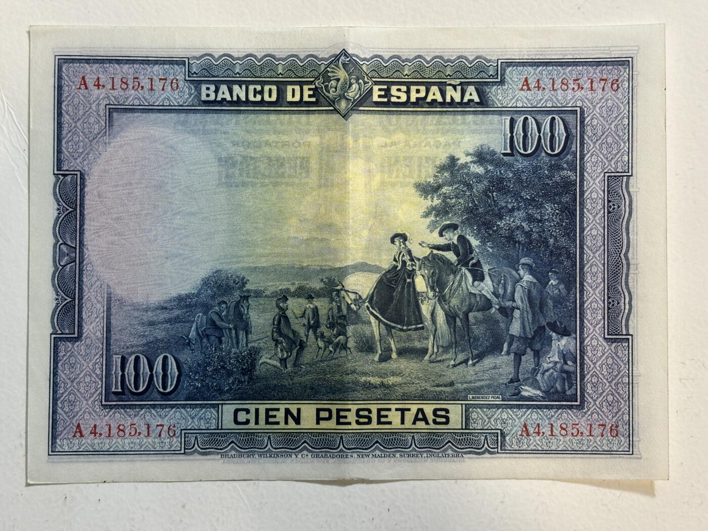 紫瑗钱币——第371期拍卖——纸币场 西班牙 1928年 中央银行 油画《唐吉坷德》 100比塞塔 流通品 (P-76a)