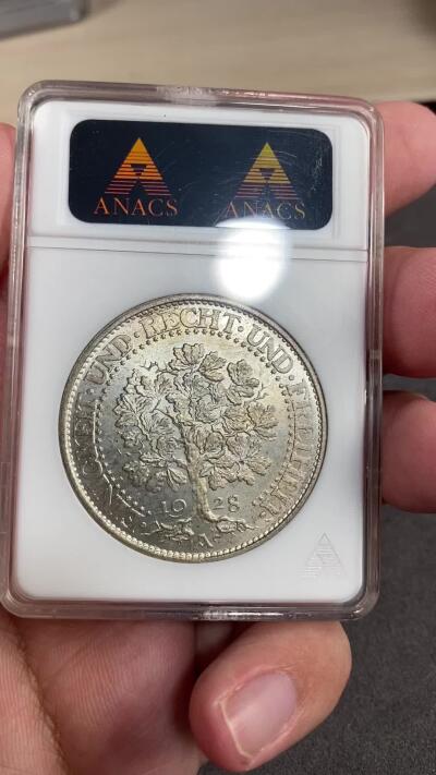 万国钱币拍卖第028期（花前月下●同享良章美币） ANACS MS64 1928年德国魏玛共和国橡树5马克 淡金彩高分好状态，丝滑强霜光，打制极佳，绝版小白盒，自藏品质，送N/P复评可能有惊喜。