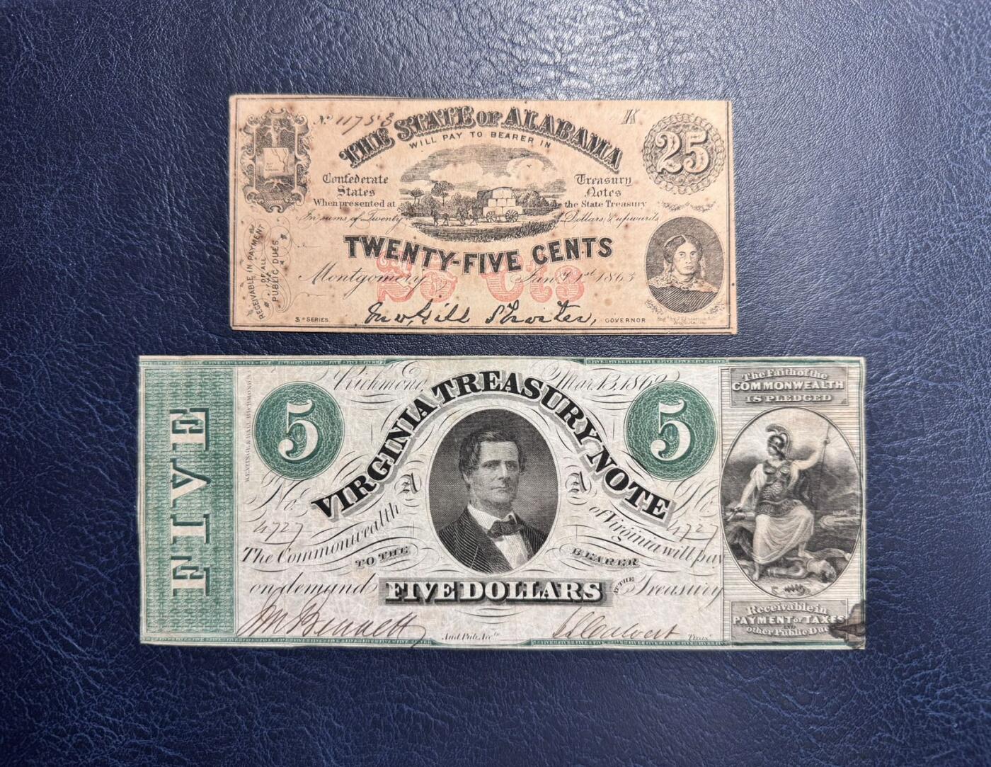 收藏联盟Quantum Auction 第356期拍卖  美国阿拉巴马州1863年25分和弗吉尼亚州1869年5元 品相如图 带签和编号的实票