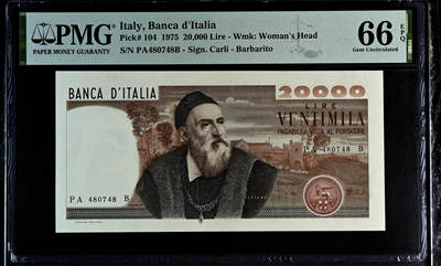 【Blue Auction】✨世界纸币精拍第497期【精】 - 意大利 1975年20000里拉 经典提香 PMG66EPQ 