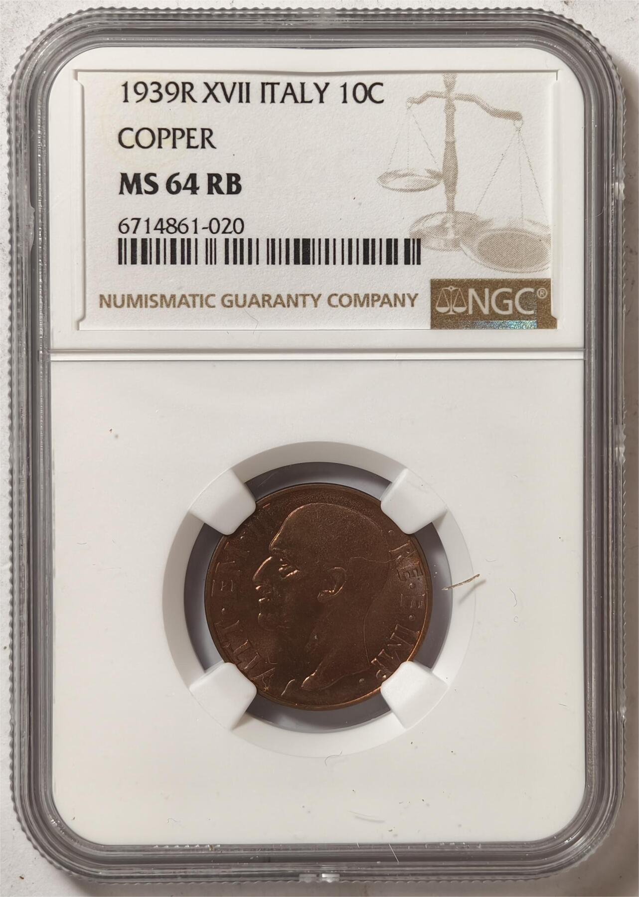 紫瑗钱币——第466期 意大利 1939年 伊曼纽尔三世 10分 铜币 NGC MS64 RB
