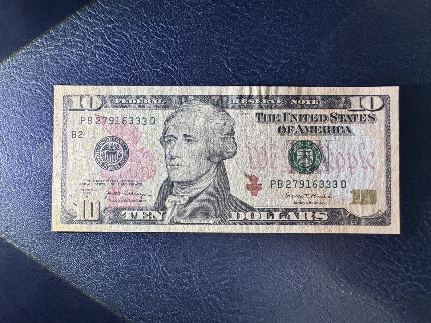 收藏联盟Quantum Auction 第356期拍卖  美国联邦2017年10元豹子号 品相UNC- 号码无4