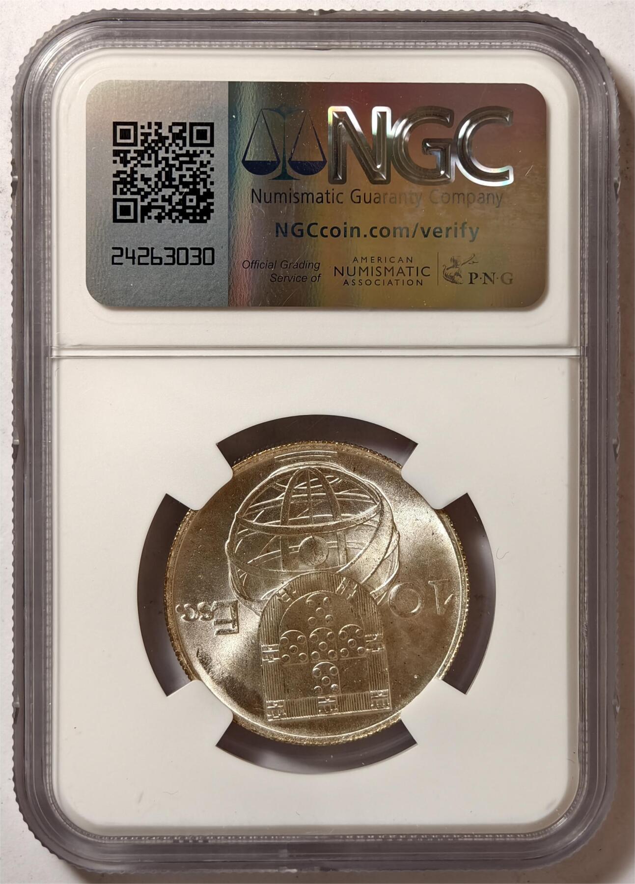 紫瑗钱币——第372期拍卖 葡萄牙 1954年 帆船 10埃斯库多 银币 NGC MS66
