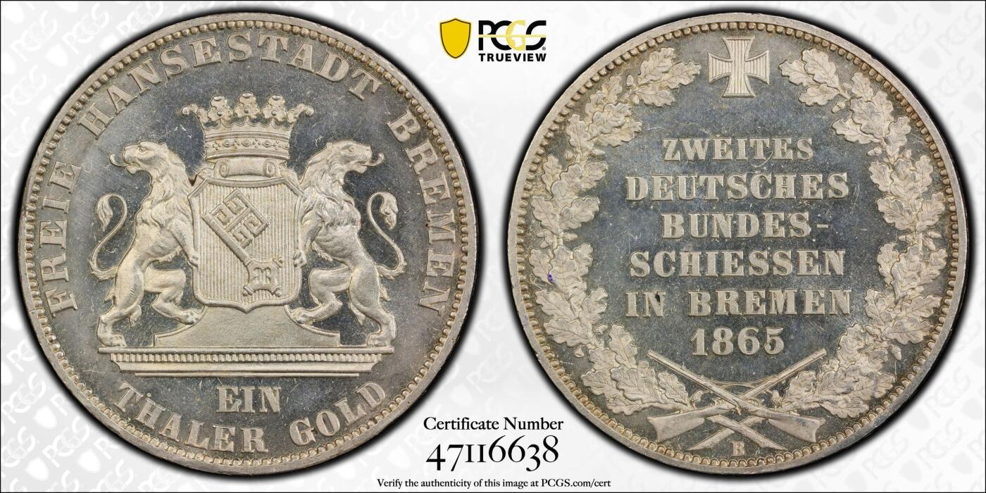 万国钱币拍卖第028期（花前月下●同享良章美币） PCGS MS65PL 1865年德国不莱梅射击节纪念流通1泰勒 极致的工艺品质 完全的镜面表现 实属尤物