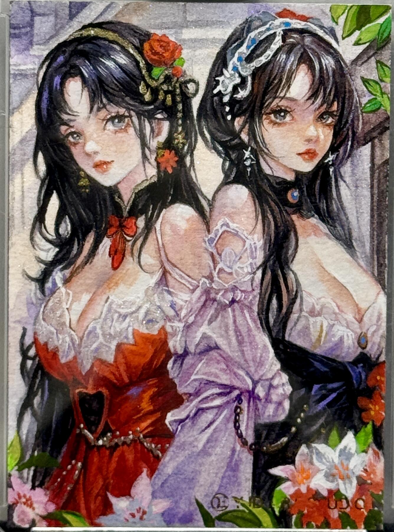 白泽拍卖卡牌专场第4期（六月精阳） 2024 YJD手绘艺术工作室手绘卡 红玫瑰和白玫瑰 1/1 糖圆亲签 卡砖封装