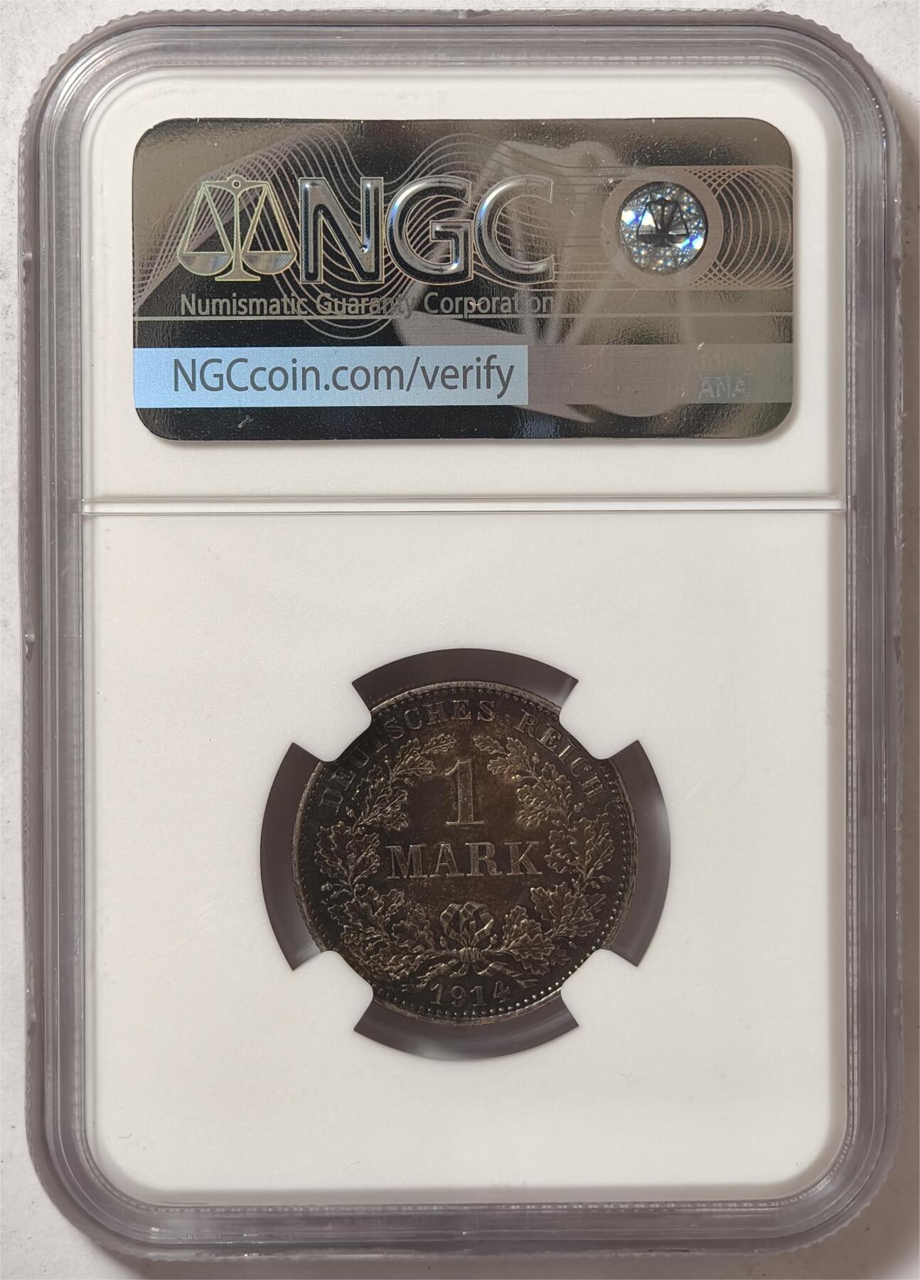 紫瑗钱币——第372期拍卖 德国 1914年 E版 第二帝国 长翅 1马克 银币 NGC MS62 漆黑包浆