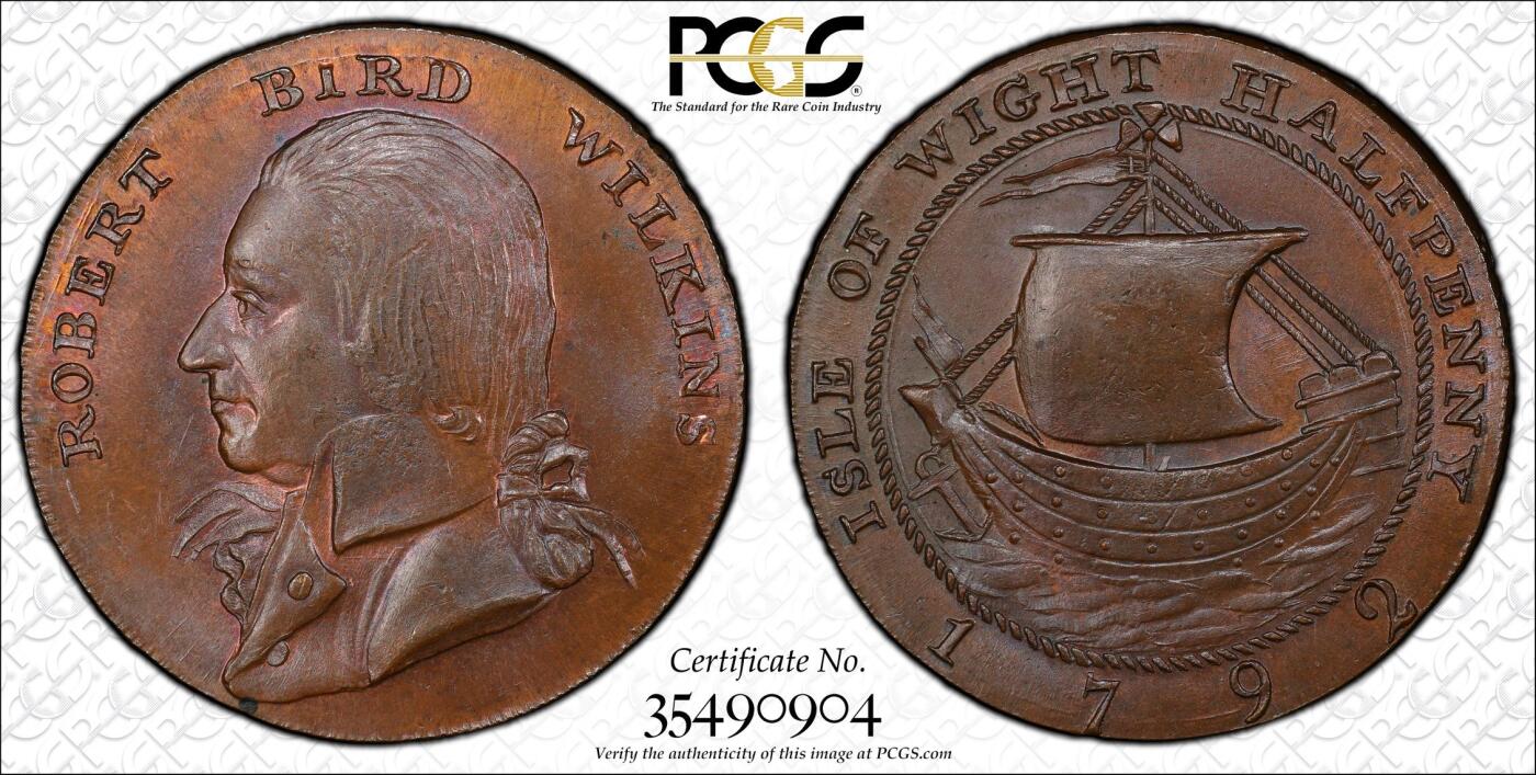万国钱币拍卖第028期（花前月下●同享良章美币） PCGS MS64 1792年英国汉普郡怀特岛纽波特威尔金斯1/2便士代用币 棕色铜光 PC冠军分