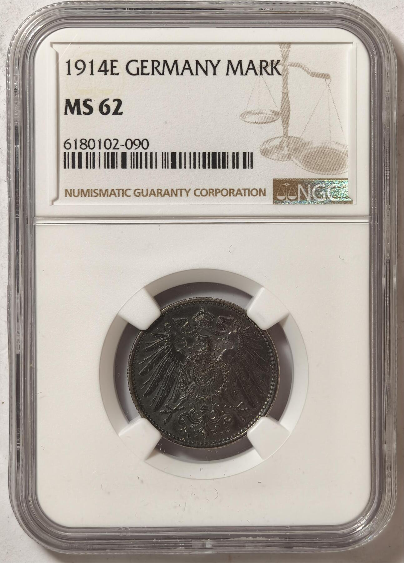 紫瑗钱币——第372期拍卖 德国 1914年 E版 第二帝国 长翅 1马克 银币 NGC MS62 漆黑包浆