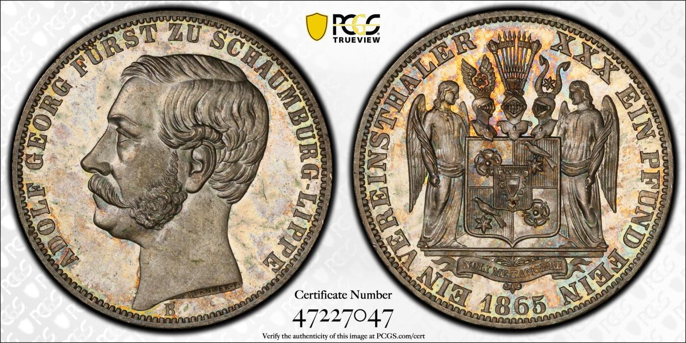 万国钱币拍卖第028期（花前月下●同享良章美币） PCGS MS65 1865年德国绍姆堡-利普天使1泰勒 单年发行7000枚的小邦天使泰勒 汉诺威厂的巅峰之作 无论彩虹般的包浆还是镜子般的底板都将这枚泰勒勾勒为完美的完全体收藏品 PCGS唯二冠军分