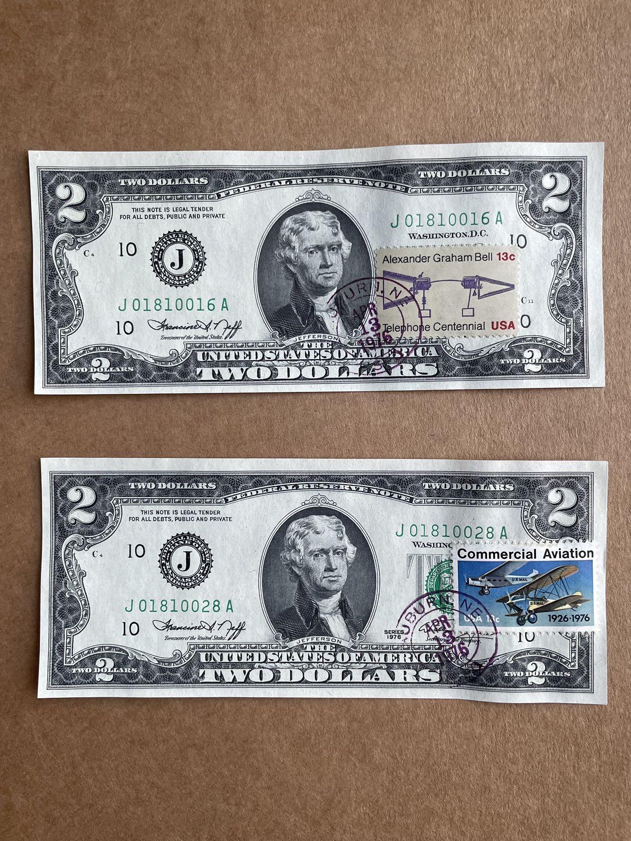 美国1976年首发年份2美元 纪念建国200周年加盖当日邮戳及纪念邮票 50张连号 价格为单张价格 美国1976年首发年份2美元 纪念建国200周年加盖当日邮戳及纪念邮票 50张连号 价格为单张价格