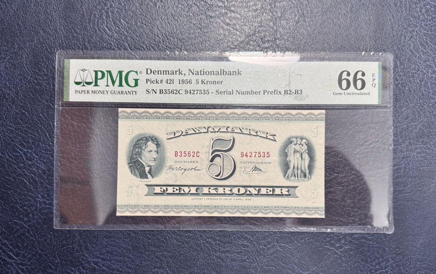 收藏联盟Quantum Auction 第356期拍卖  丹麦1956年5克朗 PMG66 美惠三女神