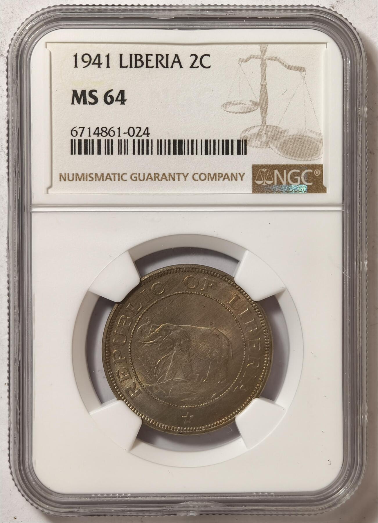 紫瑗钱币——第372期拍卖 利比里亚 1941年 大象 2分 铜币 NGC MS64
