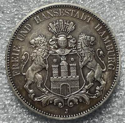 文馨钱币收藏第 139 场，全场包邮 - 1913德国汉堡双狮长翅5马克银币