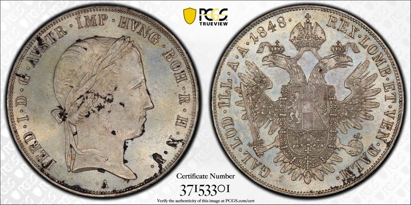 万国钱币拍卖第028期（花前月下●同享良章美币） PCGS MS63 1848年奥地利帝国斐迪南一世流通1泰勒 奥地利双头鹰原光层非常亮眼 PC唯一冠军