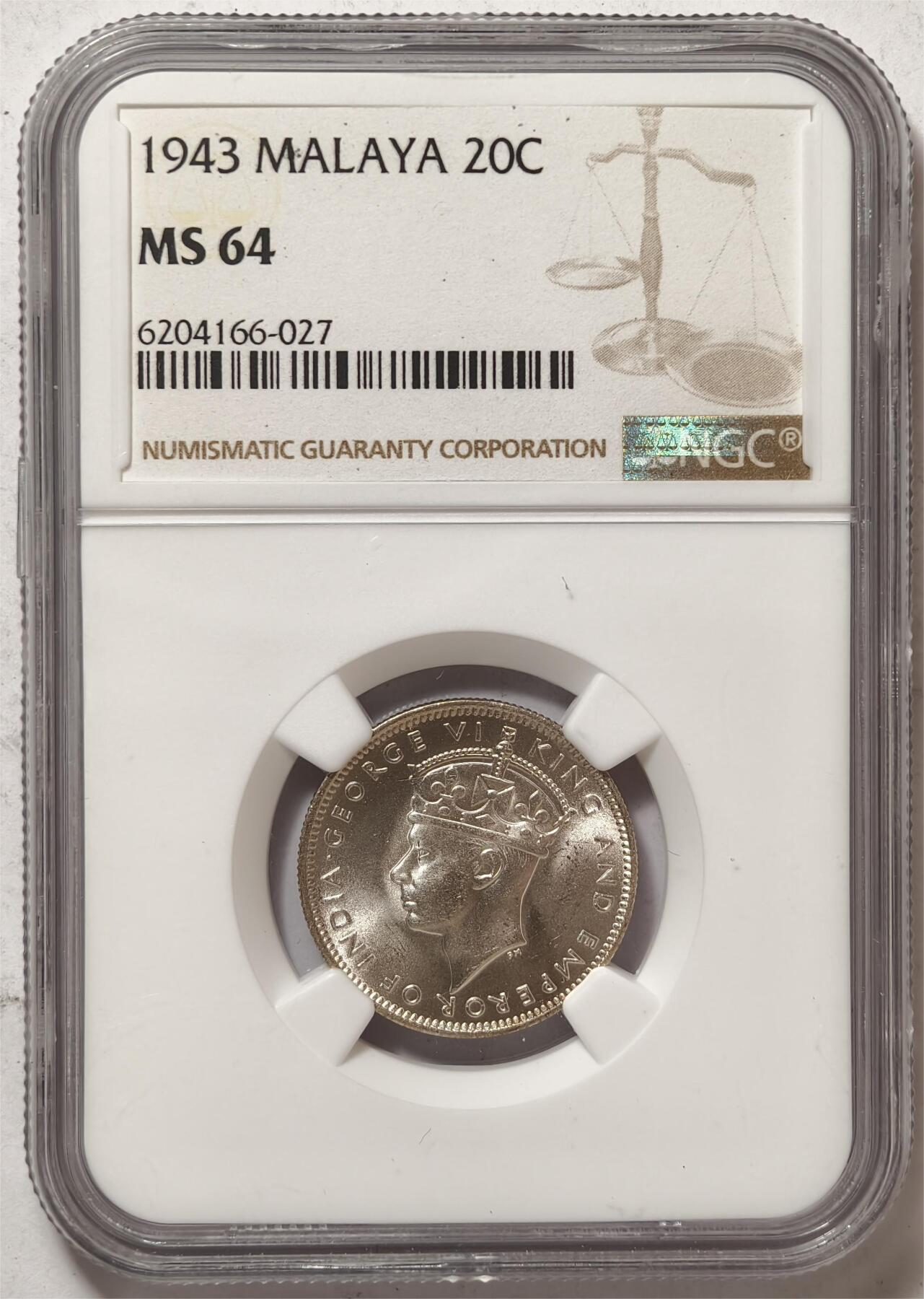 紫瑗钱币——第444期 马来亚 1943年 乔治六世 20分 银币 NGC MS64