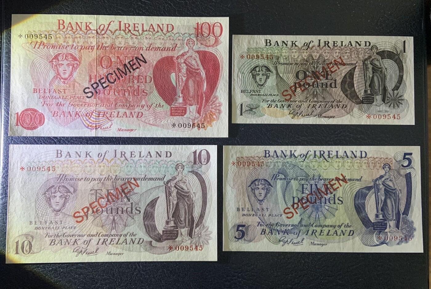 收藏联盟Quantum Auction 第356期拍卖  北爱尔兰1978年1-100镑全同号收藏样票 品相全新UNC 限量发行 带原册
