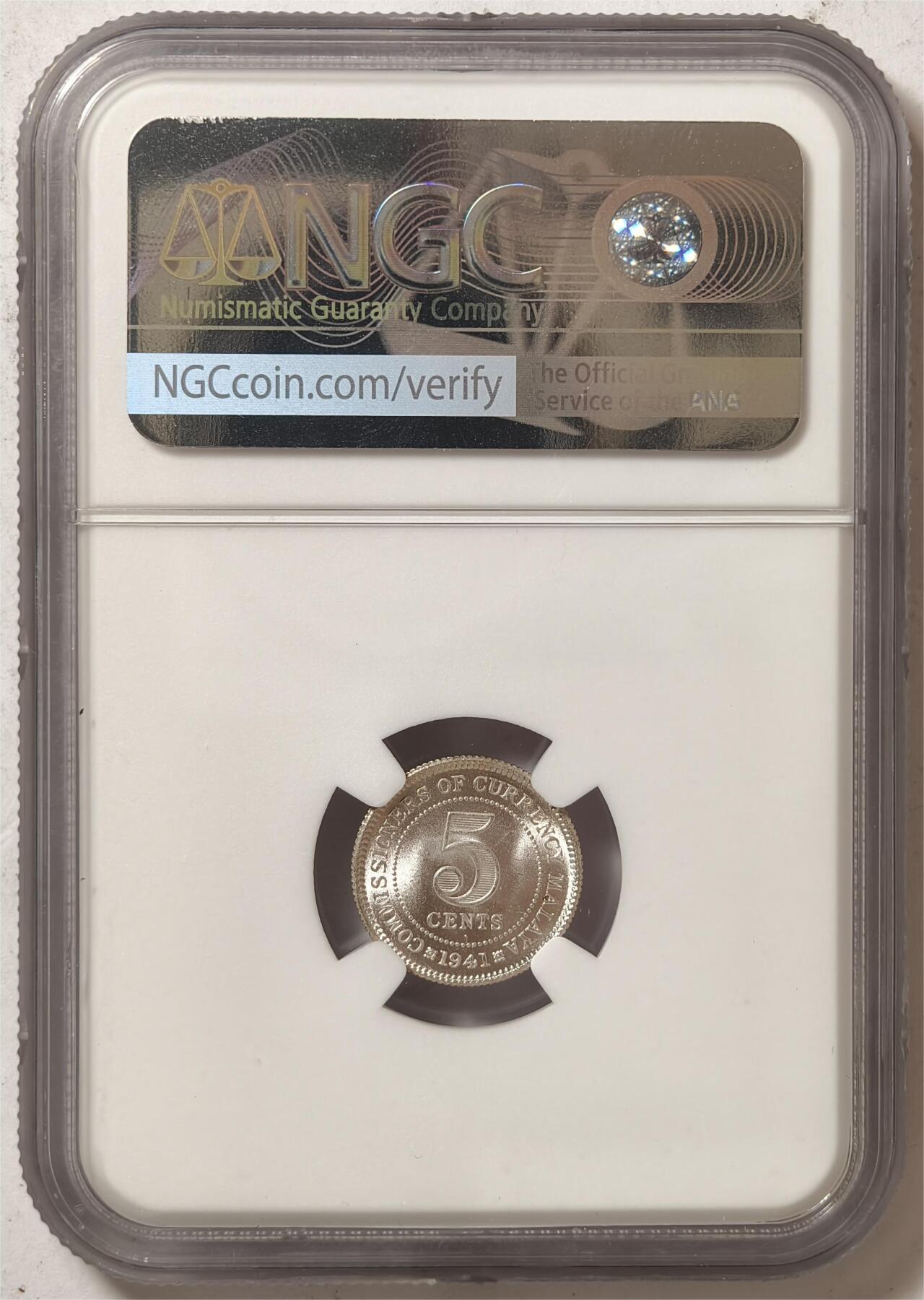 紫瑗钱币——第466期 马来亚 1941年 i版 乔治六世 5分 银币 NGC MS66