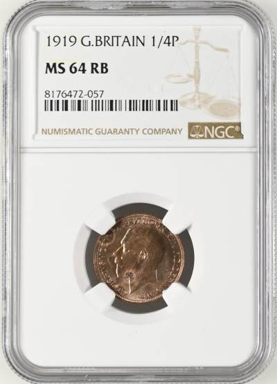 【麦稀奇世界钱币展】长老汇龙年精选第七场拍卖 - 1919 英国乔治五世1/4便士铜币，NGC MS64RB，亚军分，更高分仅有6枚，可以收藏了