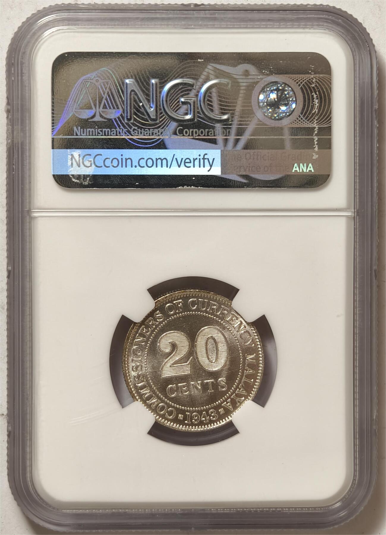 紫瑗钱币——第444期 马来亚 1943年 乔治六世 20分 银币 NGC MS64