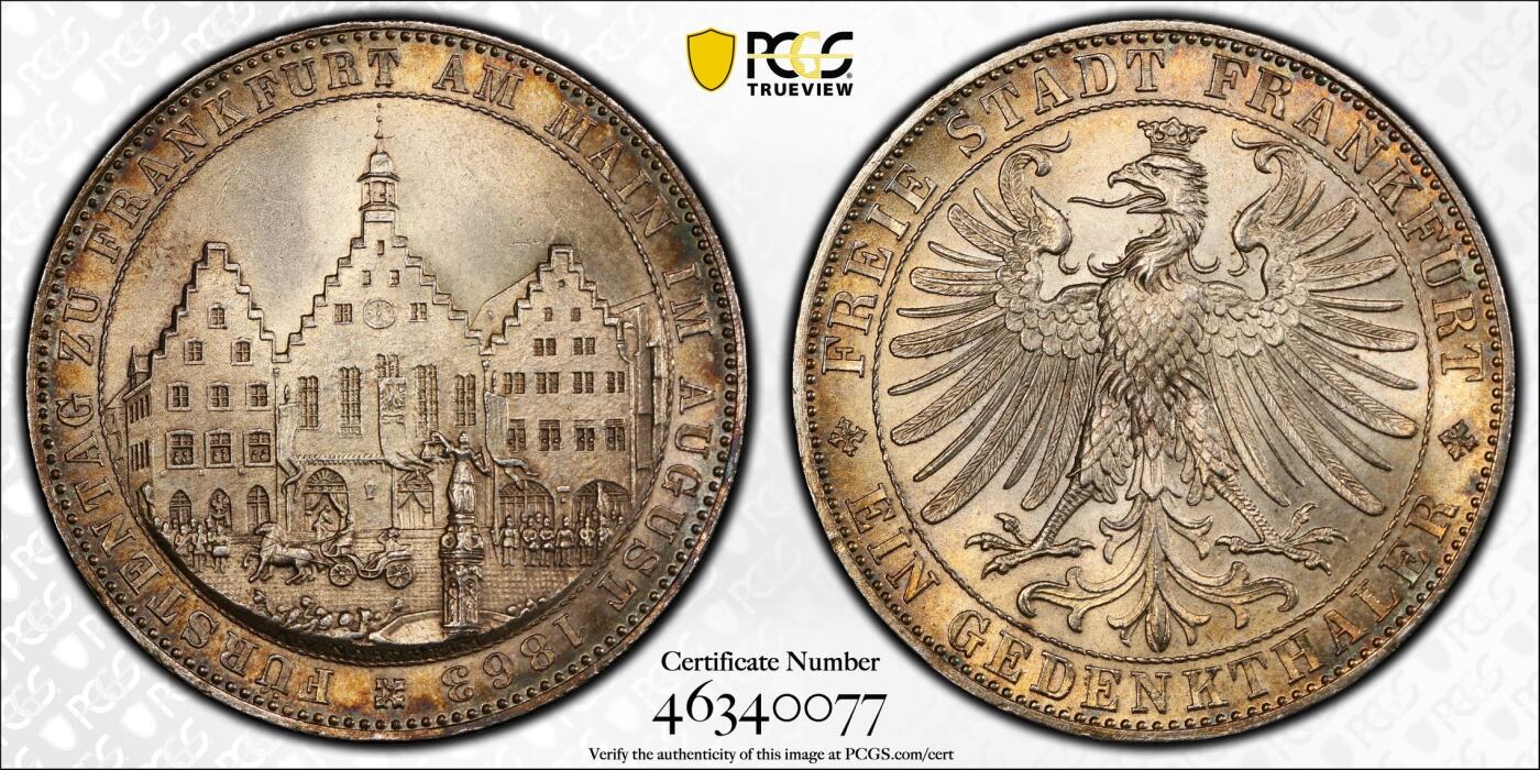 万国钱币拍卖第028期（花前月下●同享良章美币） PCGS MS65 1863年德国法兰克福王子会议流通纪念1泰勒 纪念泰勒中的经典 循序渐进的包浆如邮票般的光泽浸透在整枚泰勒上 观赏性已拉满