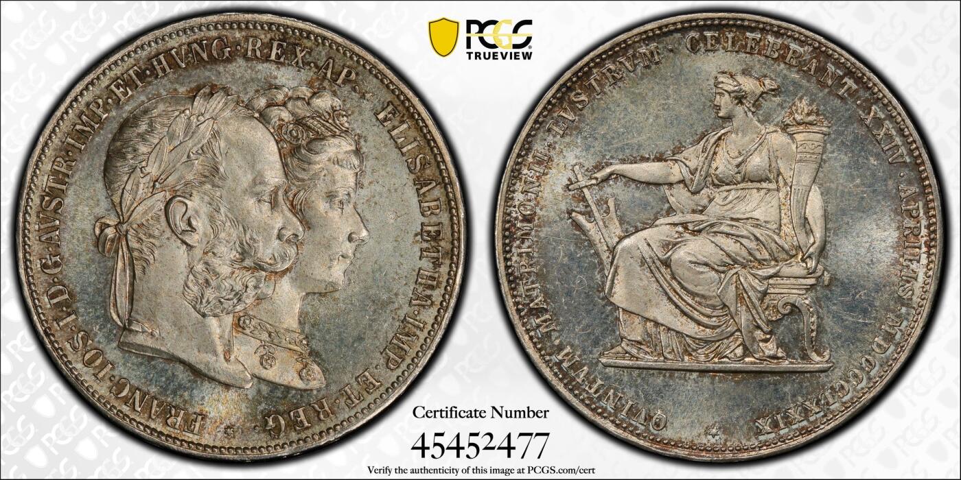 万国钱币拍卖第028期（花前月下●同享良章美币） PCGS MS64 1879年奥地利佛朗茨一世与茜茜公主银婚纪念2盾 顶级BU状态，淡金彩包浆，强流银霜光，pl感强烈，实物炫目，万里挑一的品质。