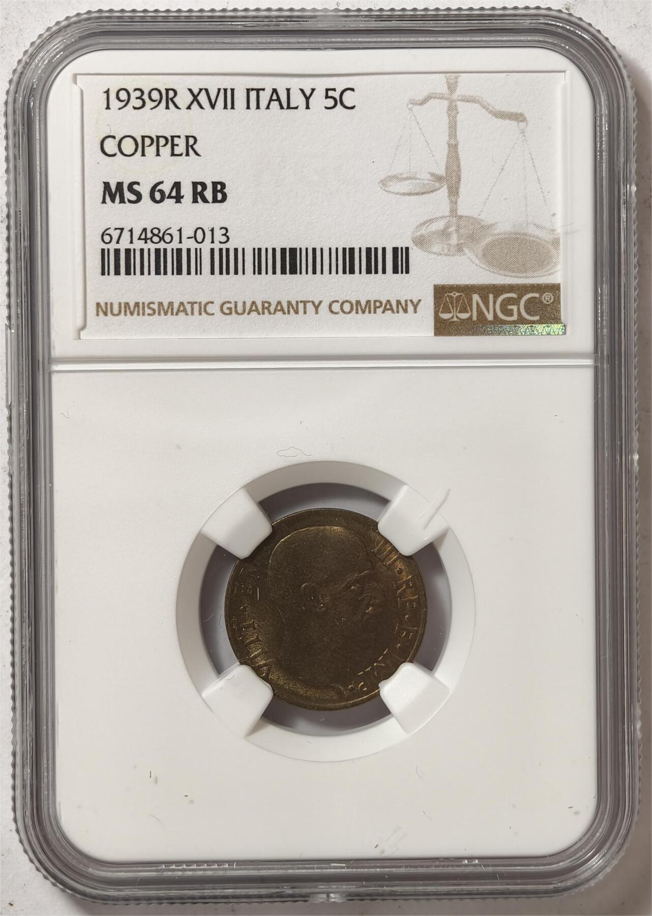 紫瑗钱币——第372期拍卖 意大利 1939年 伊曼纽尔三世 5分 铜币 NGC MS64 RB
