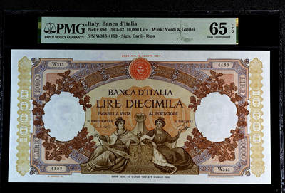 【Blue Auction】✨世界纸币精拍第497期【精】 -  【仅1张更高分 唯一亚军】意大利 1961-62年10000里拉 最高值 超大票幅 设计精美 双水印 PMG65EPQ 难得好品