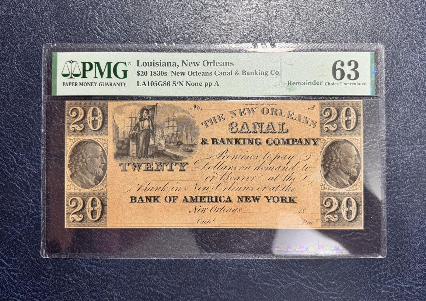 收藏联盟Quantum Auction 第356期拍卖  美国路易斯安那州新奥尔良市1830年代20元 PMG63