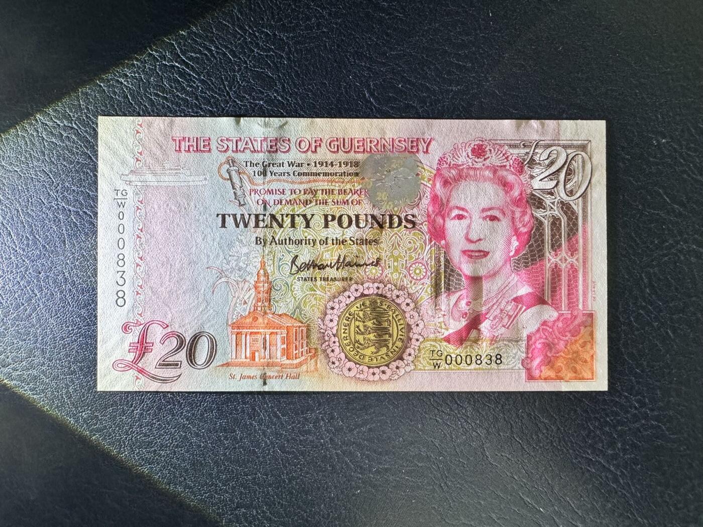 收藏联盟Quantum Auction 第356期拍卖  格恩西2018年20镑一战结束100周年纪念 品相全新UNC 无457百位号