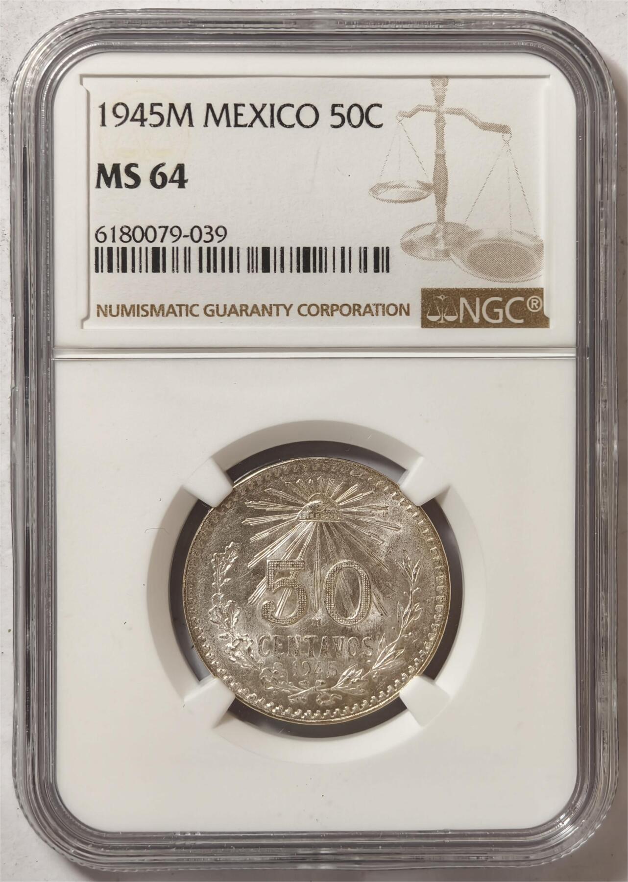 紫瑗钱币——第478期 墨西哥 1945年 M版 鹰洋 50分 银币 NGC MS64