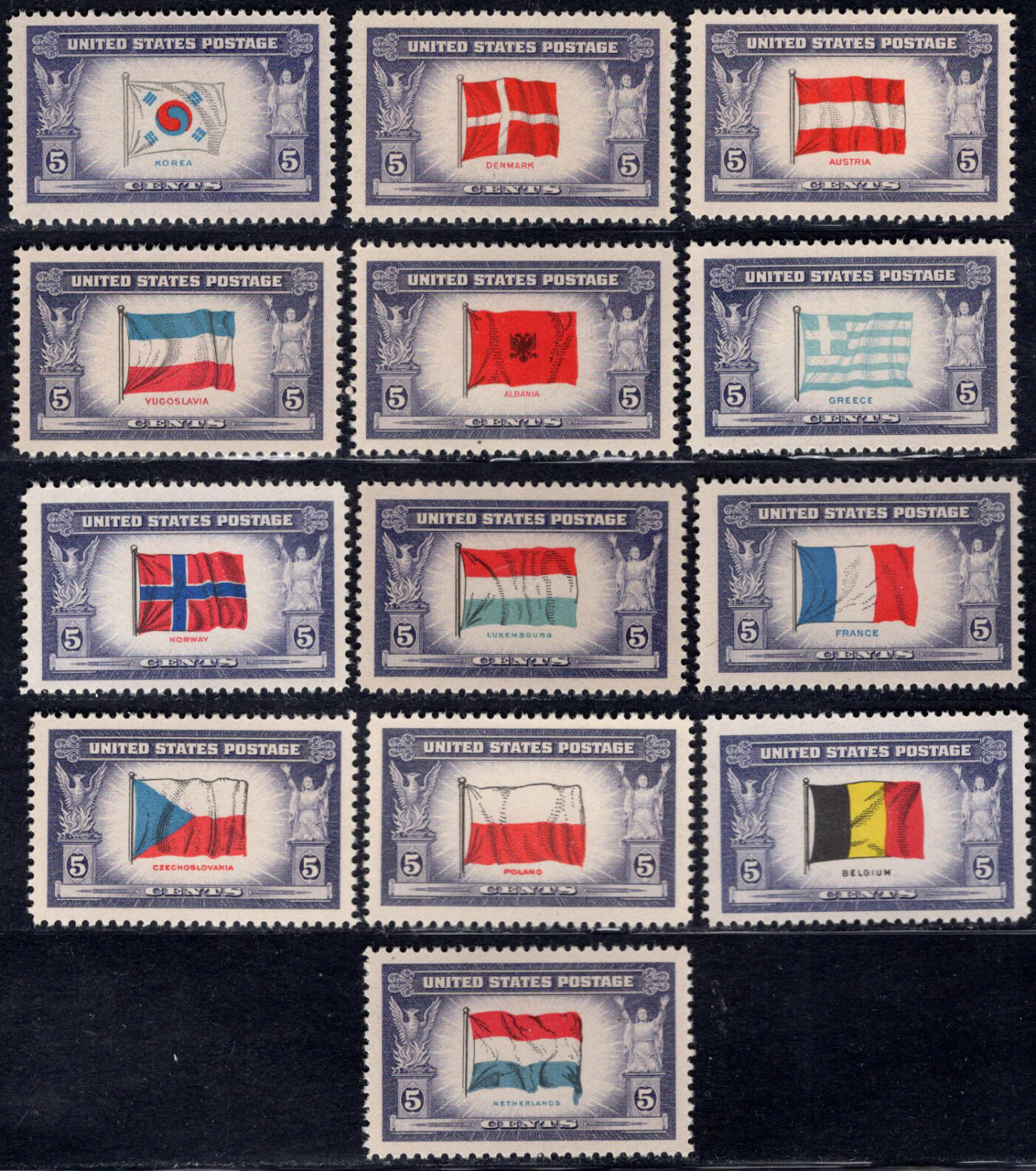 洪涛臻品批发群 精选邮票限时拍卖第六百五十九期    美国1943 二战被占领国国旗 原胶近全品 
