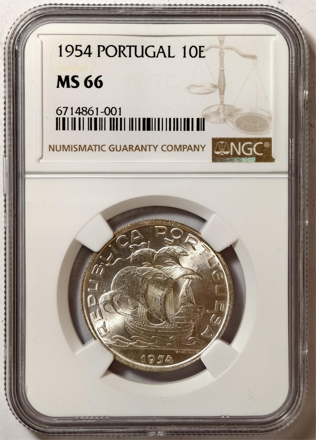 紫瑗钱币——第372期拍卖 葡萄牙 1954年 帆船 10埃斯库多 银币 NGC MS66