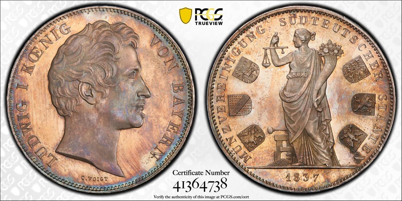 万国钱币拍卖第028期（花前月下●同享良章美币） PCGS MS63 1837年德国巴伐利亚路德维希一世货币联盟2泰勒 南德意志六个邦国的货币联盟 镜面金红彩 