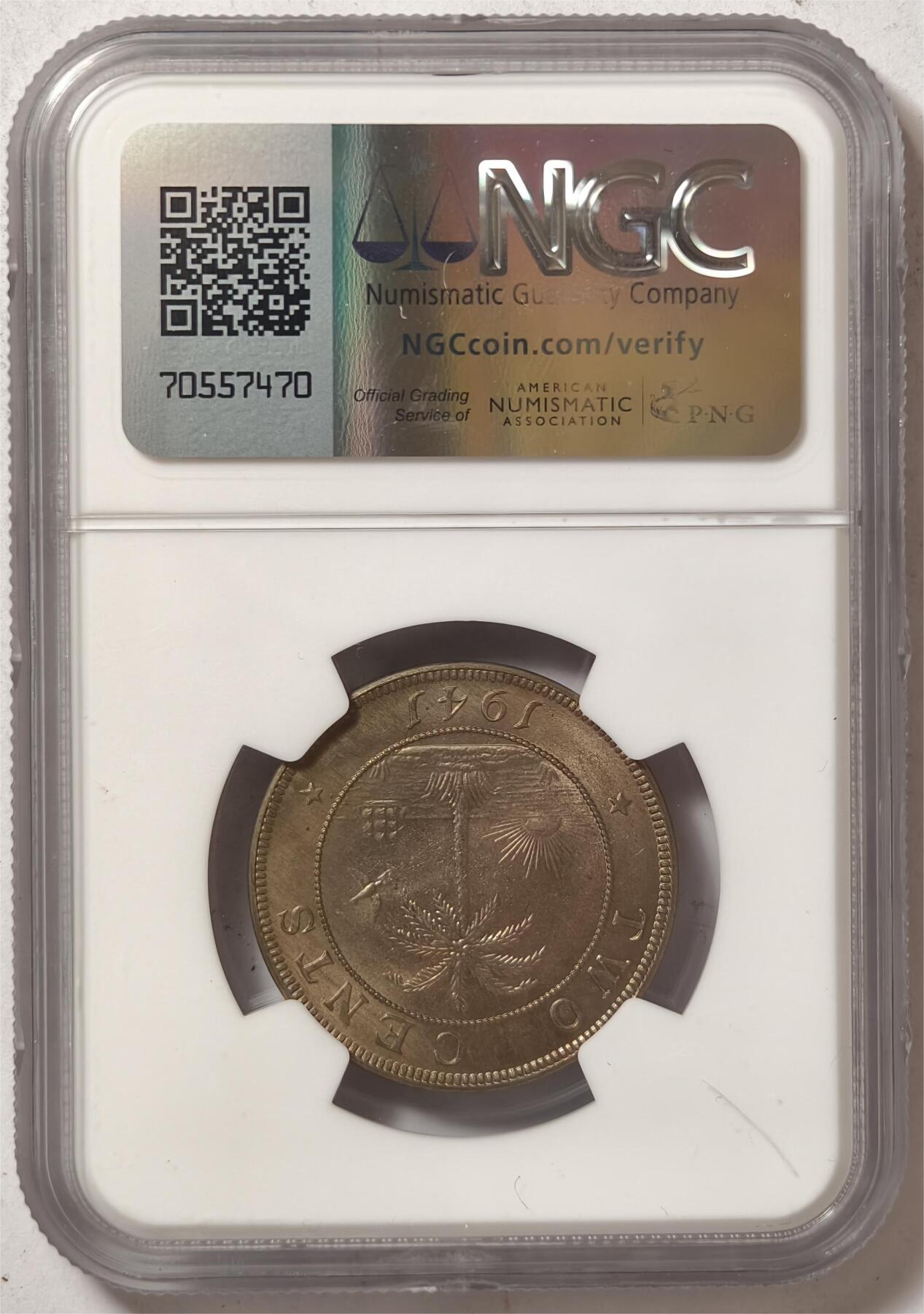 紫瑗钱币——第372期拍卖 利比里亚 1941年 大象 2分 铜币 NGC MS64