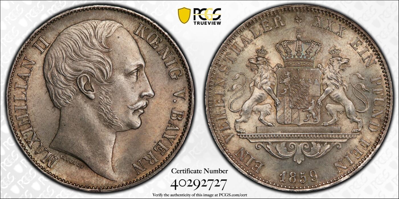 万国钱币拍卖第028期（花前月下●同享良章美币） PCGS MS65 1859年德国巴伐利亚马克西米利安二世双狮流通1泰勒 原味青金色包浆 原光层饱满如初 属于流通泰勒中较有难度的品种之一 PC唯一冠军