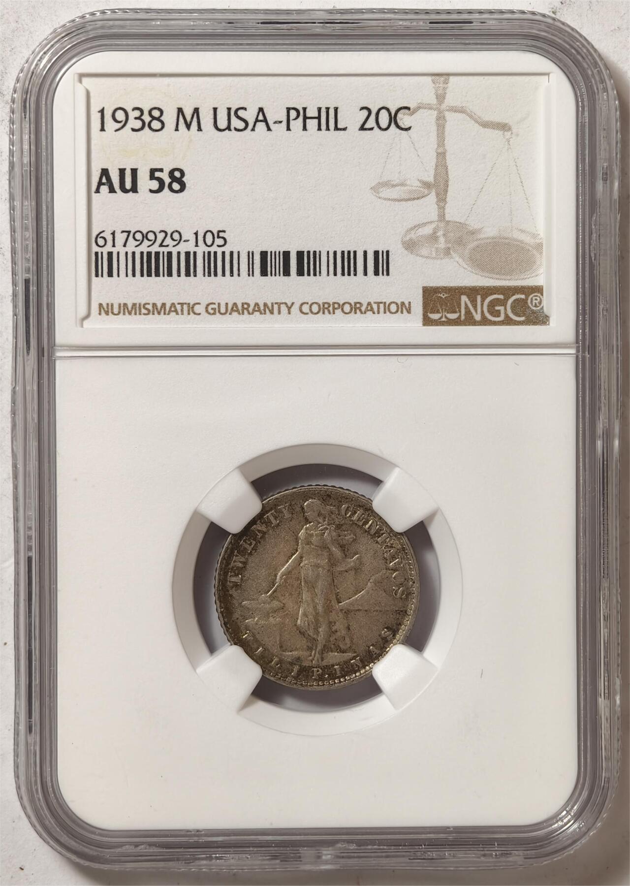 紫瑗钱币——第466期 美属菲律宾 1938年 M版 火山女神 20分 银币 NGC AU58