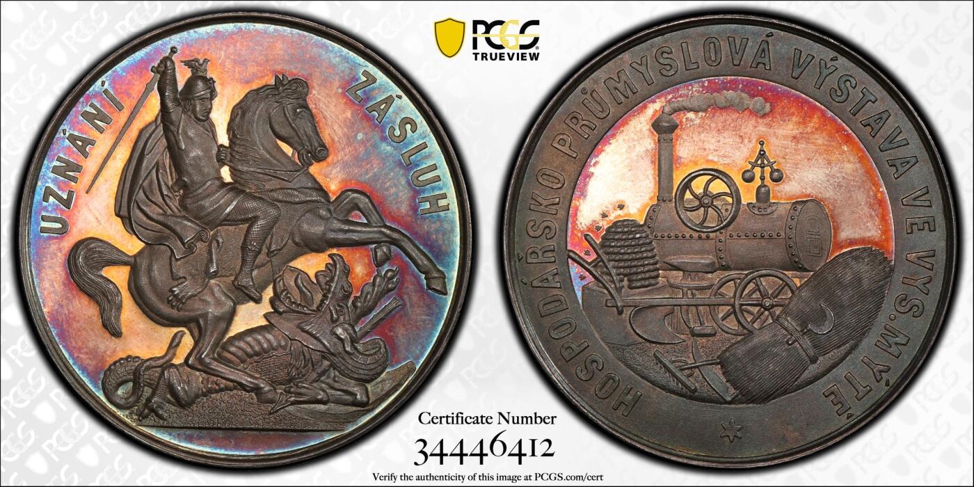 万国钱币拍卖第028期（花前月下●同享良章美币） PCGS SP64 捷克19世纪末20世纪初马剑屠龙大银章 如夕阳余辉般的火烧云包浆 过目不忘 PC唯一冠军 直径55mm 加大盒