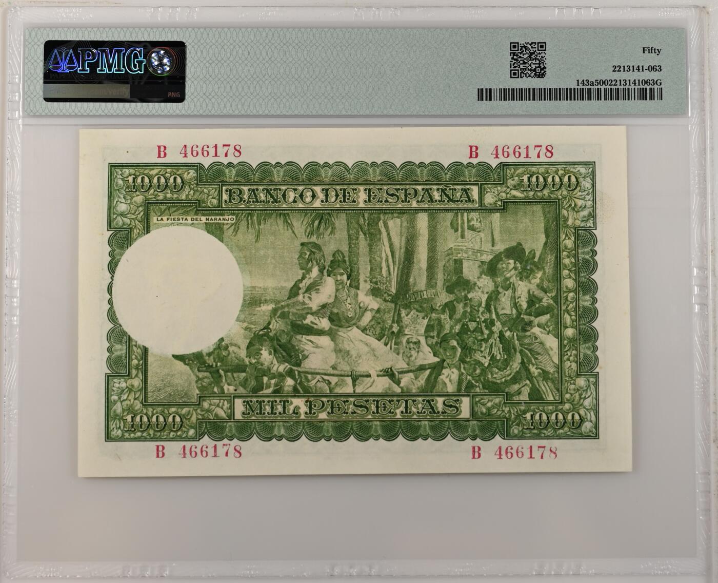 收藏联盟Quantum Auction 第356期拍卖  西班牙1951年1000比塞塔 PMG50  西班牙画家 华金 世界名画《瓦伦西亚的婚礼》