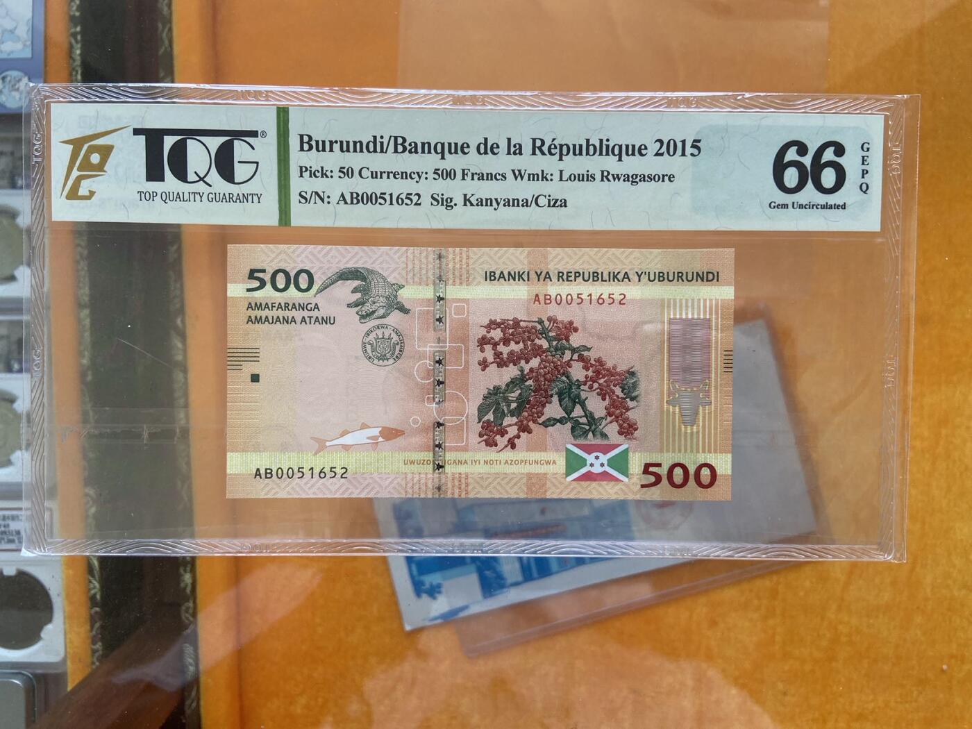 【炜奕收藏】裸钞专场第九期 布隆迪500，tqg评级66分，无47