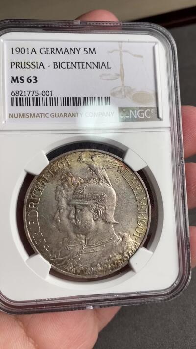 万国钱币拍卖第028期（花前月下●同享良章美币） NGC MS63 1901年德国威廉二世纪念普鲁士建国200周年流通5马克 帝国马克最广为流通的系列之一 炫彩包浆