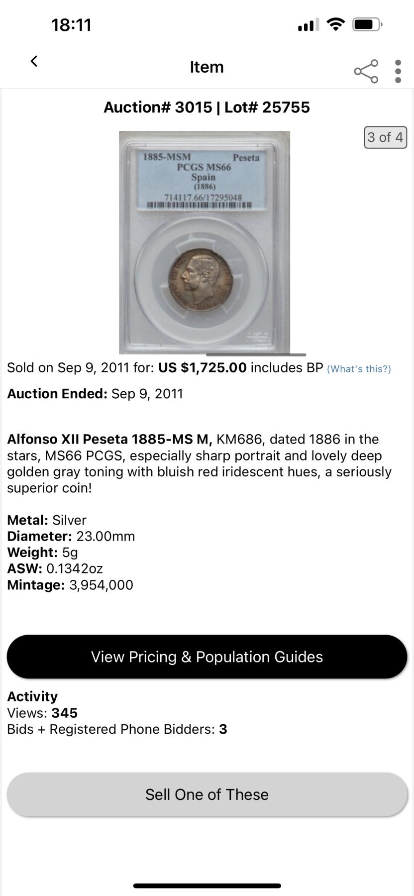 万国钱币拍卖第028期（花前月下●同享良章美币） NGC MS65 1885年西班牙阿方索十二世1比塞塔银币 欧洲包浆完全体 肉眼无法挑出毛病的一枚 HA拍卖原物 原PC老白盒66分砸盒 十几年前的成交价就超过1700美金。