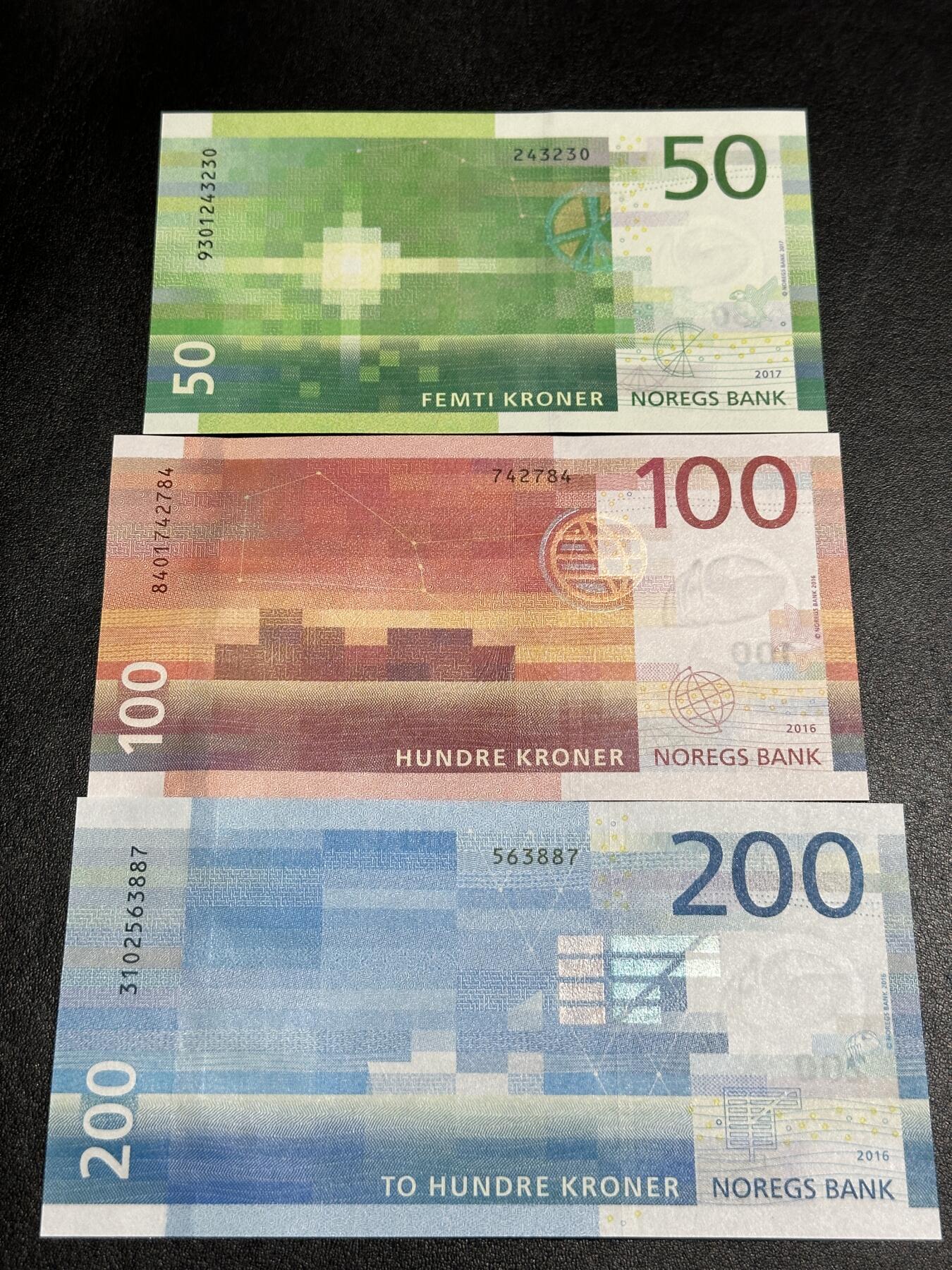 《外钞收藏家》第三百八十三期 挪威50-200克朗 三张小面额一起 全新UNC