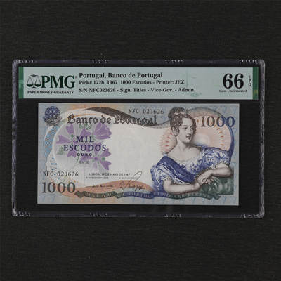 【亘邦集藏】第194期拍卖 - 1967年 葡萄牙1000埃斯库多 PMG 66EPQ NFC023626