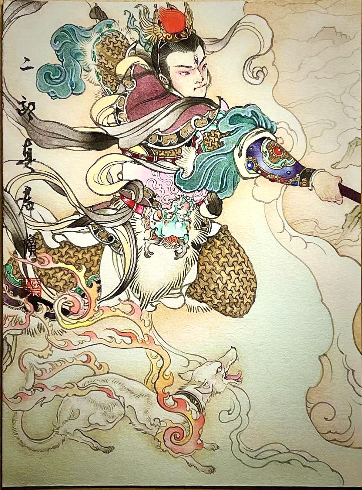 白泽拍卖卡牌专场第4期（六月精阳） 2024 李广手绘画拼图 小圣战大圣 杨戬 19cm*13.5cm