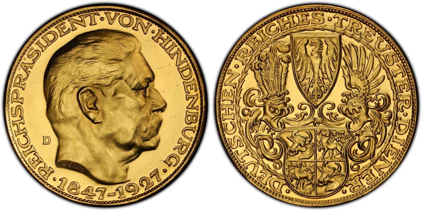 万国钱币拍卖第028期（花前月下●同享良章美币） PCGS SP64 1927年德国魏玛共和国总统兴登堡80大寿5马克形制大金章 23G左右，哥茨广为流传的一款经典设计，镜面精制的底板与喷砂感浓厚的高点相互辉映，如果放在N盒里应该是PFCAM的存在。