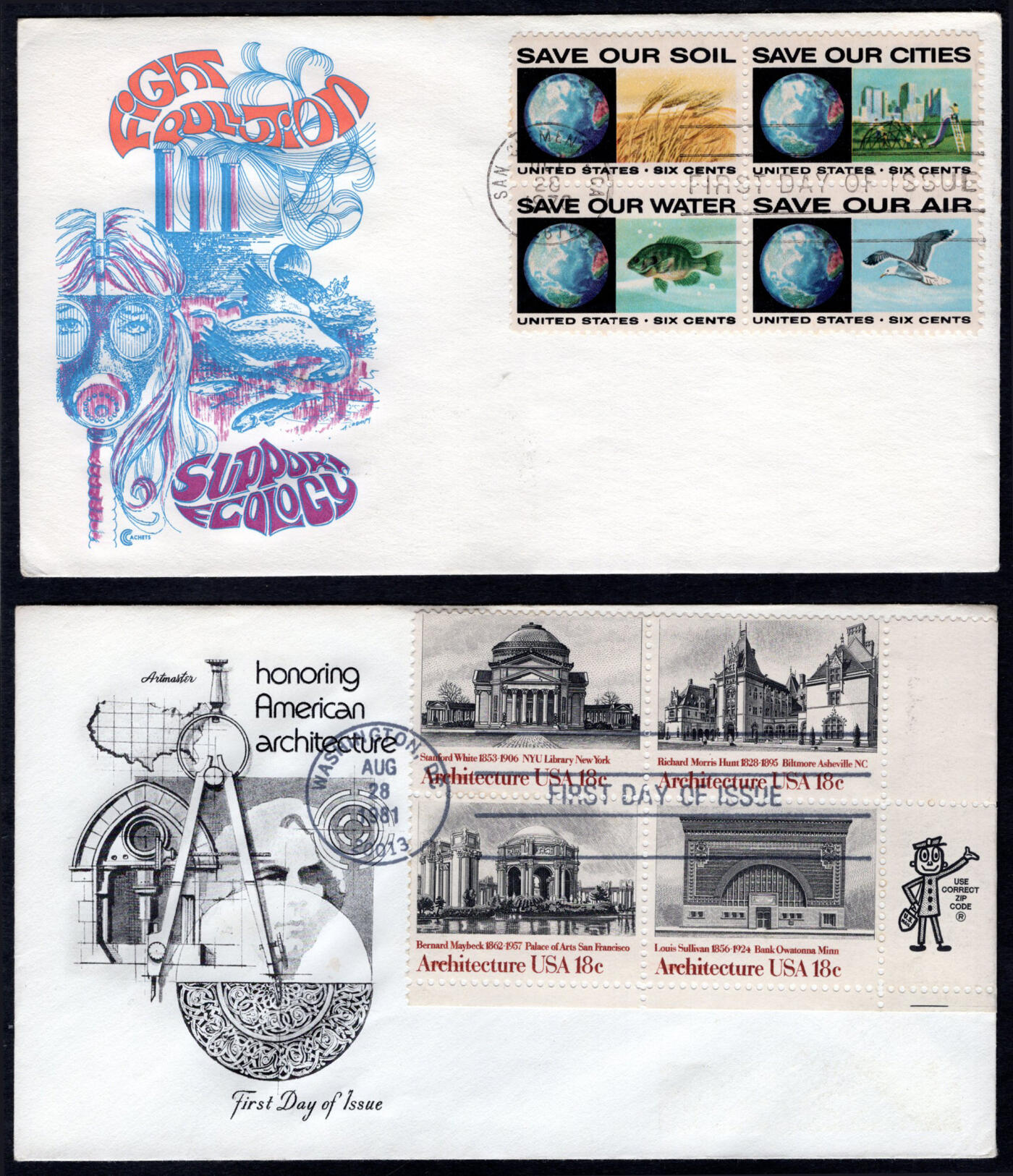 洪涛臻品批发群 精选邮票限时拍卖第六百六十期  美国1970拯救石油空气水与地球，1981年致敬美国建筑 首日封一对