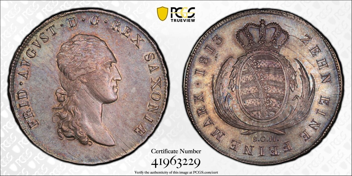 万国钱币拍卖第028期（花前月下●同享良章美币） PCGS MS62 1813年德国萨克森皇冠大泰勒 原味深红色欧洲老包浆