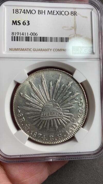 万国钱币拍卖第028期（花前月下●同享良章美币） NGC MS63 1874年墨西哥MO厂8R鹰洋 中期全毛银霜感十足