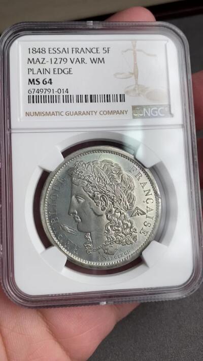 万国钱币拍卖第028期（花前月下●同享良章美币） NGC MS64 1848年法国5法郎合金大样币 MAZ-1279 essai  冠军分唯一评级 pl镜面工艺，细节打制精美。少见燕子厂标。