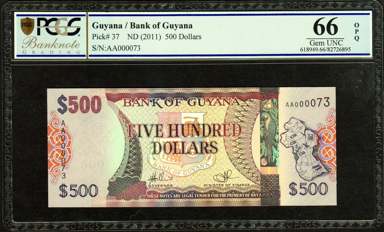 草稿银行第二十二期国内外钞票拍卖 圭亚那 2011年500元 AA首发冠 开门小号 PCGS 66 冠军分